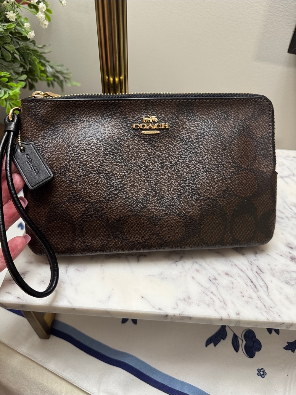 Coach Brown Signature Double Zip Wristlet with Gold Logo